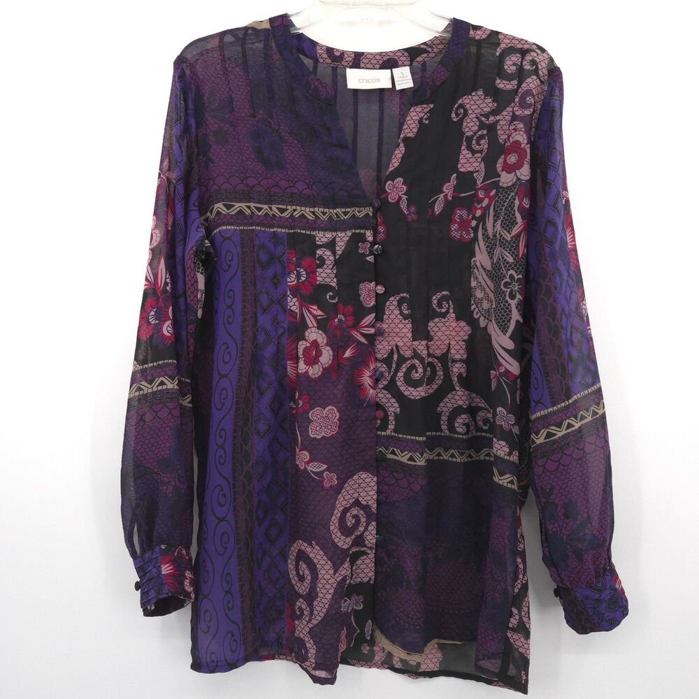 Chico's semi-sheer chiffon‎ print button up top Size 1 (M) long sleeve V-neck